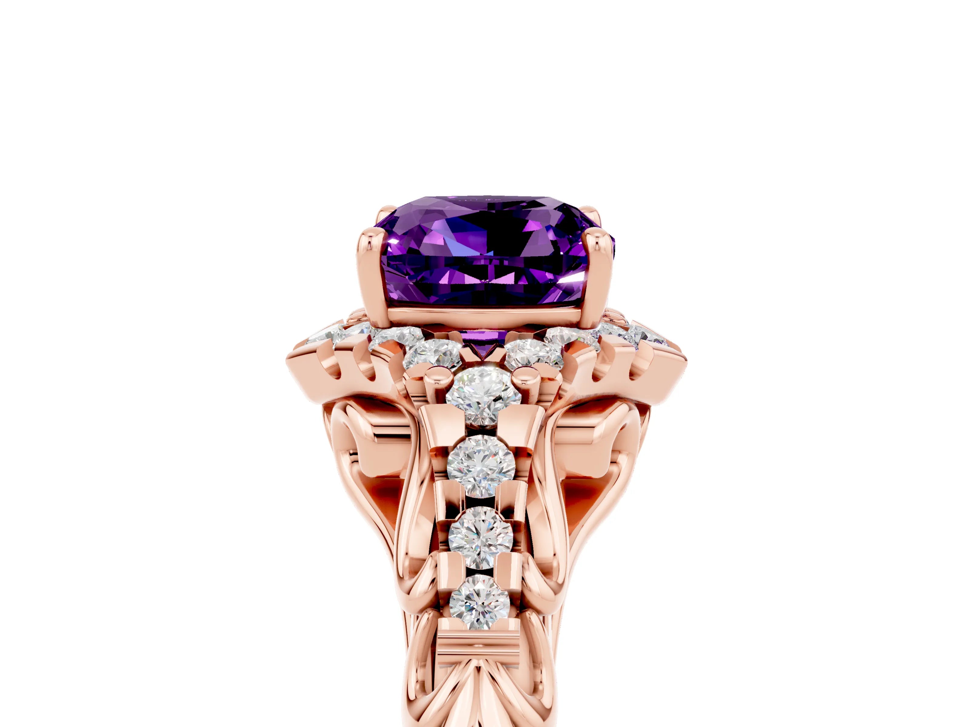 Rose gold Cushion Cut Amethyst Solitaire Ring with Hidden Halo and Pavé Band_17