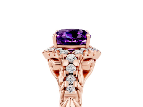 Rose gold Cushion Cut Amethyst Solitaire Ring with Hidden Halo and Pavé Band_17