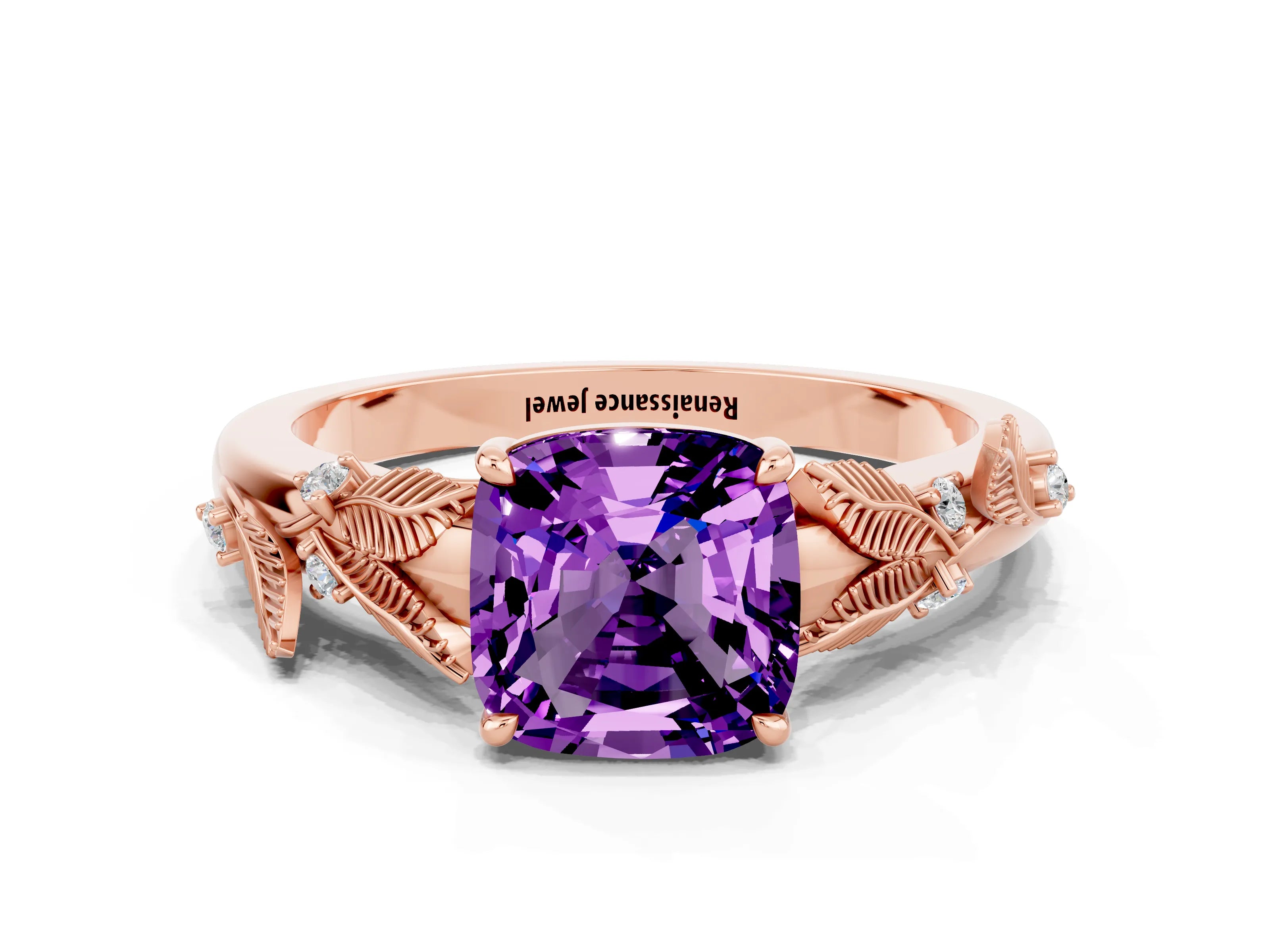 Rose gold Cushion Cut Amethyst Solitaire Ring with Leaf Motif Band and Four-Prong Setting