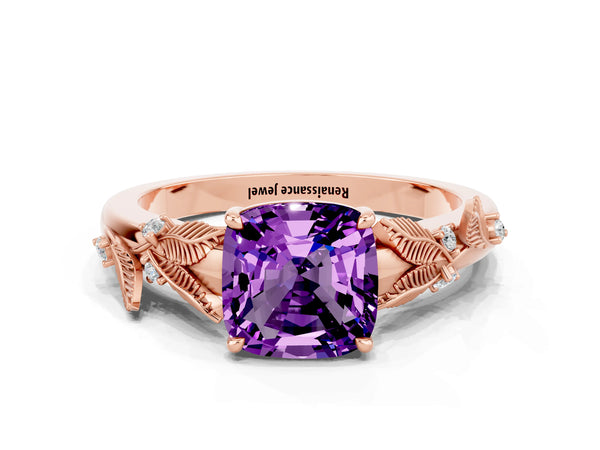 Rose gold Cushion Cut Amethyst Solitaire Ring with Leaf Motif Band and Four-Prong Setting