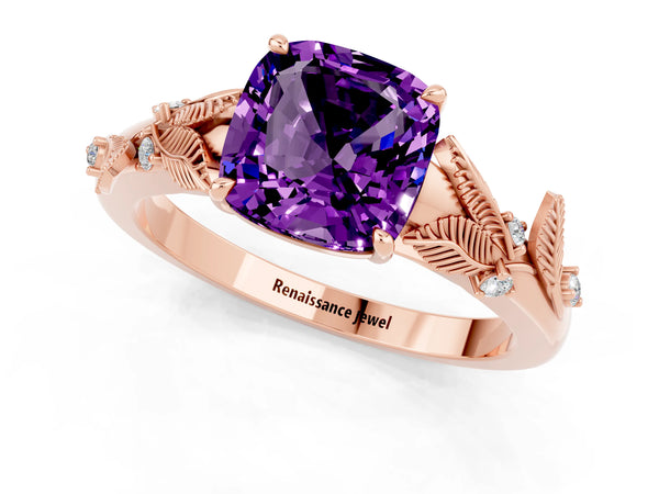Rose gold Cushion Cut Amethyst Solitaire Ring with Leaf Motif Band and Four-Prong Setting
