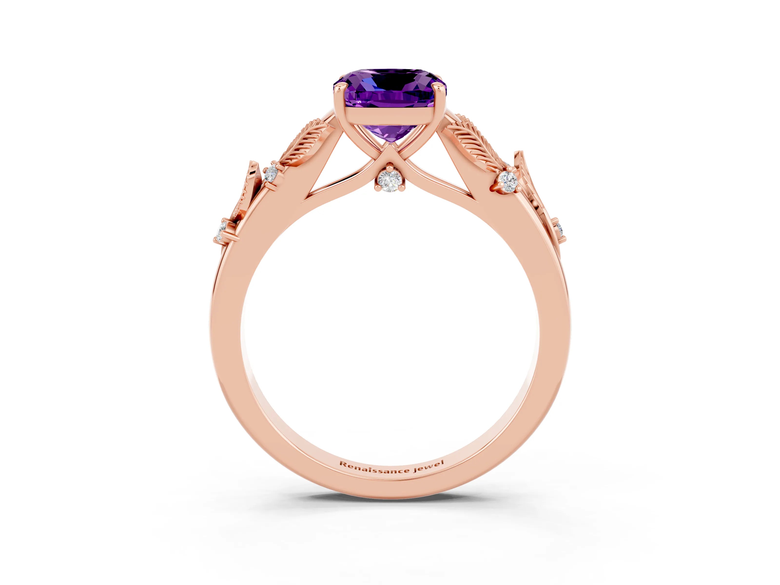 Rose gold Cushion Cut Amethyst Solitaire Ring with Leaf Motif Band and Four-Prong Setting_3