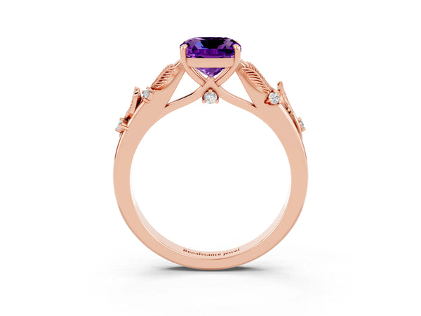 Rose gold Cushion Cut Amethyst Solitaire Ring with Leaf Motif Band and Four-Prong Setting