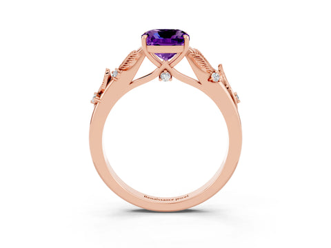 Rose gold Cushion Cut Amethyst Solitaire Ring with Leaf Motif Band and Four-Prong Setting_3