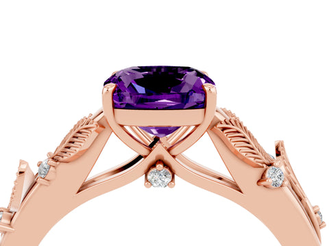 Rose gold Cushion Cut Amethyst Solitaire Ring with Leaf Motif Band and Four-Prong Setting_4