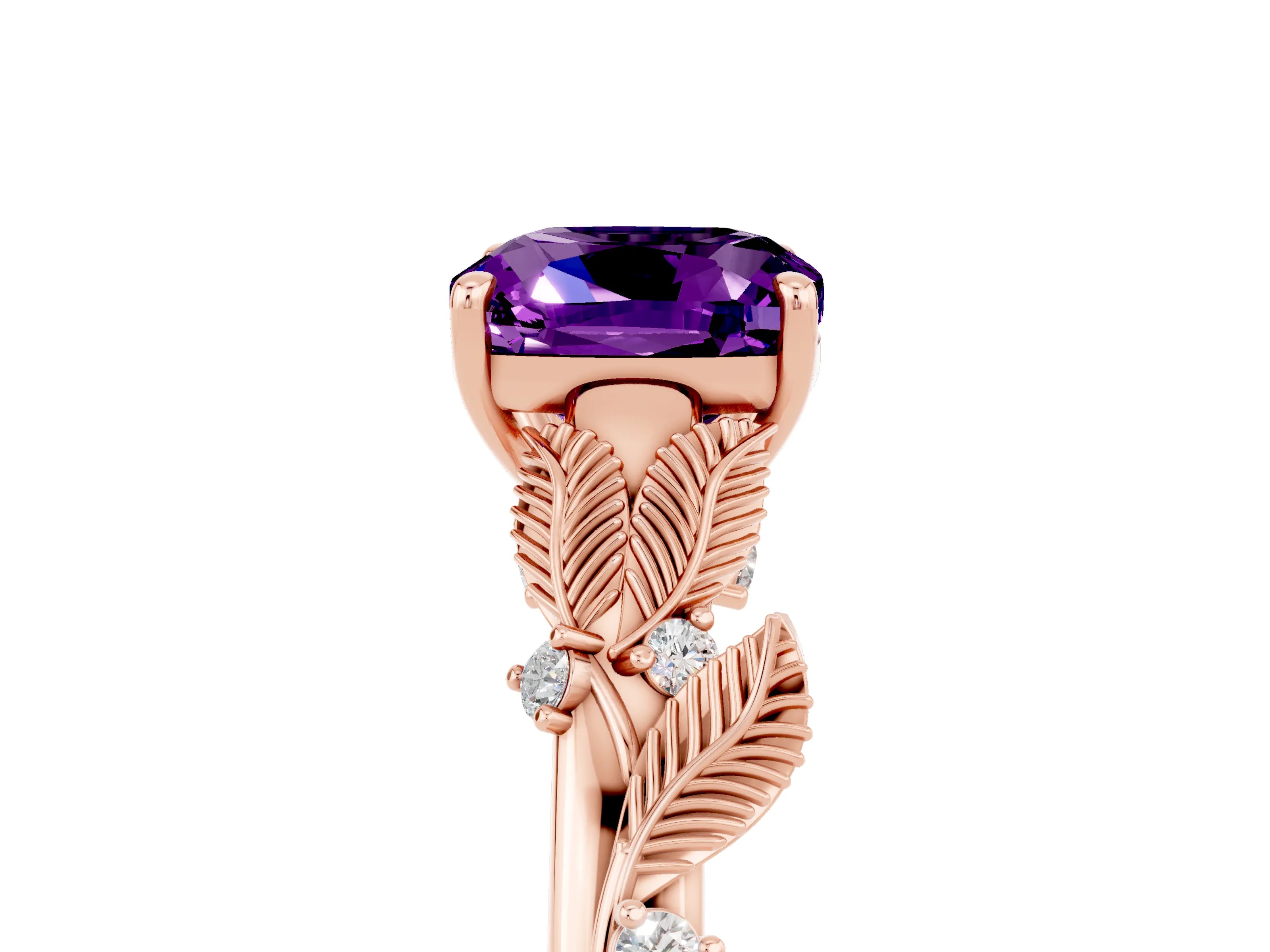 Rose gold Cushion Cut Amethyst Solitaire Ring with Leaf Motif Band and Four-Prong Setting_5