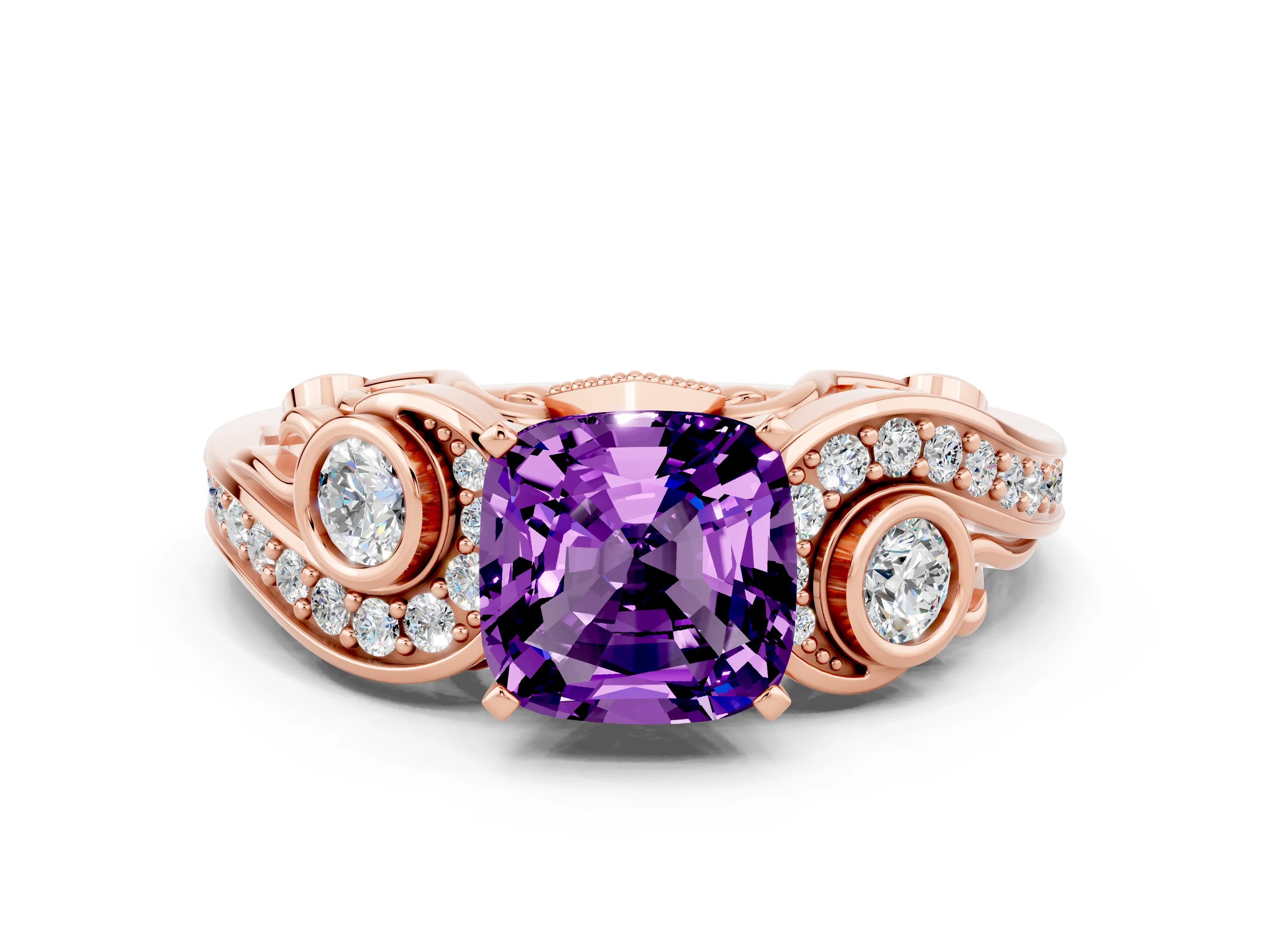 Rose gold Cushion Cut Amethyst Solitaire Ring with Milgrain Pavé Band and Four-Prong Setting_24