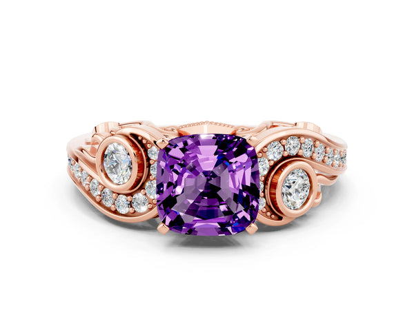 Rose gold Cushion Cut Amethyst Solitaire Ring with Milgrain Pavé Band and Four-Prong Setting