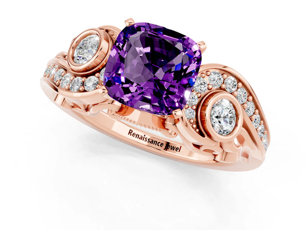 Rose gold Cushion Cut Amethyst Solitaire Ring with Milgrain Pavé Band and Four-Prong Setting