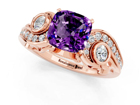 Rose gold Cushion Cut Amethyst Solitaire Ring with Milgrain Pavé Band and Four-Prong Setting_25