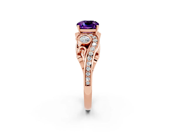 Rose gold Cushion Cut Amethyst Solitaire Ring with Milgrain Pavé Band and Four-Prong Setting
