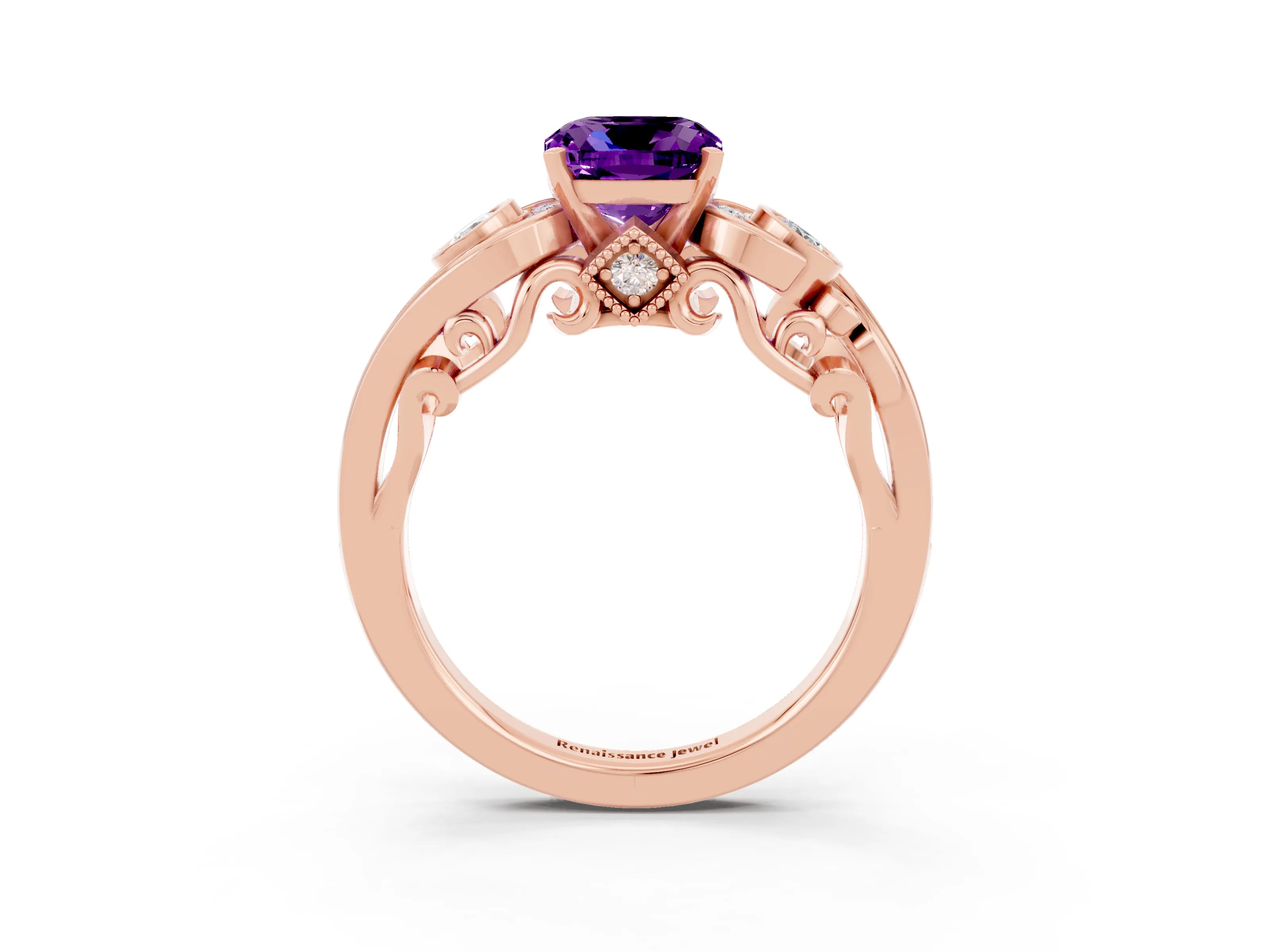 Rose gold Cushion Cut Amethyst Solitaire Ring with Milgrain Pavé Band and Four-Prong Setting_27