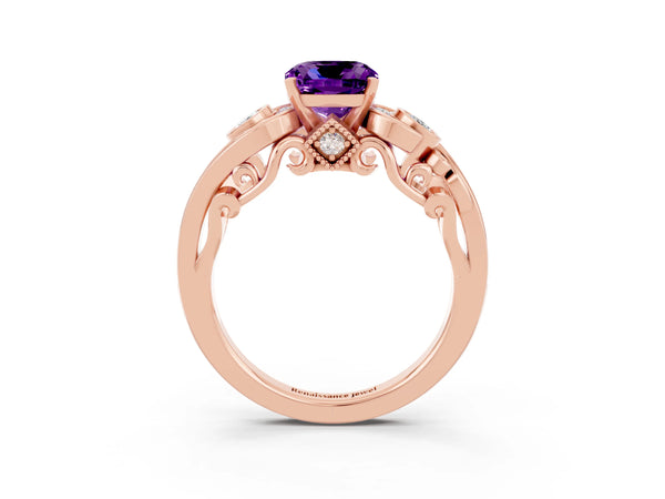 Rose gold Cushion Cut Amethyst Solitaire Ring with Milgrain Pavé Band and Four-Prong Setting
