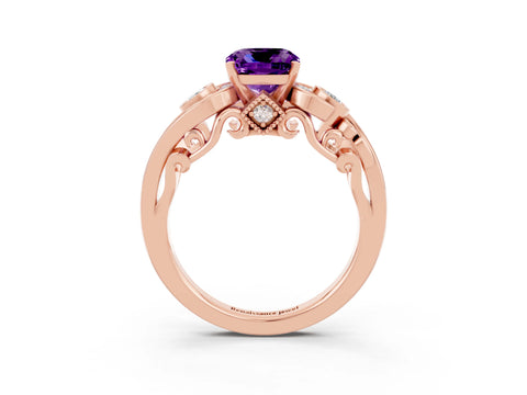 Rose gold Cushion Cut Amethyst Solitaire Ring with Milgrain Pavé Band and Four-Prong Setting_27
