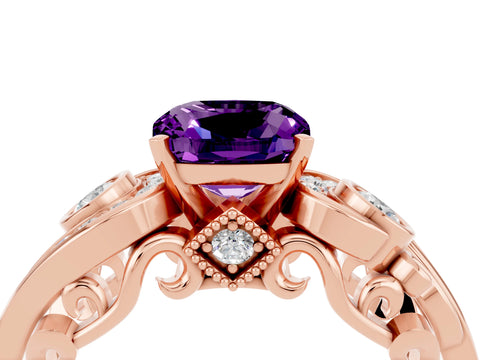 Rose gold Cushion Cut Amethyst Solitaire Ring with Milgrain Pavé Band and Four-Prong Setting_28