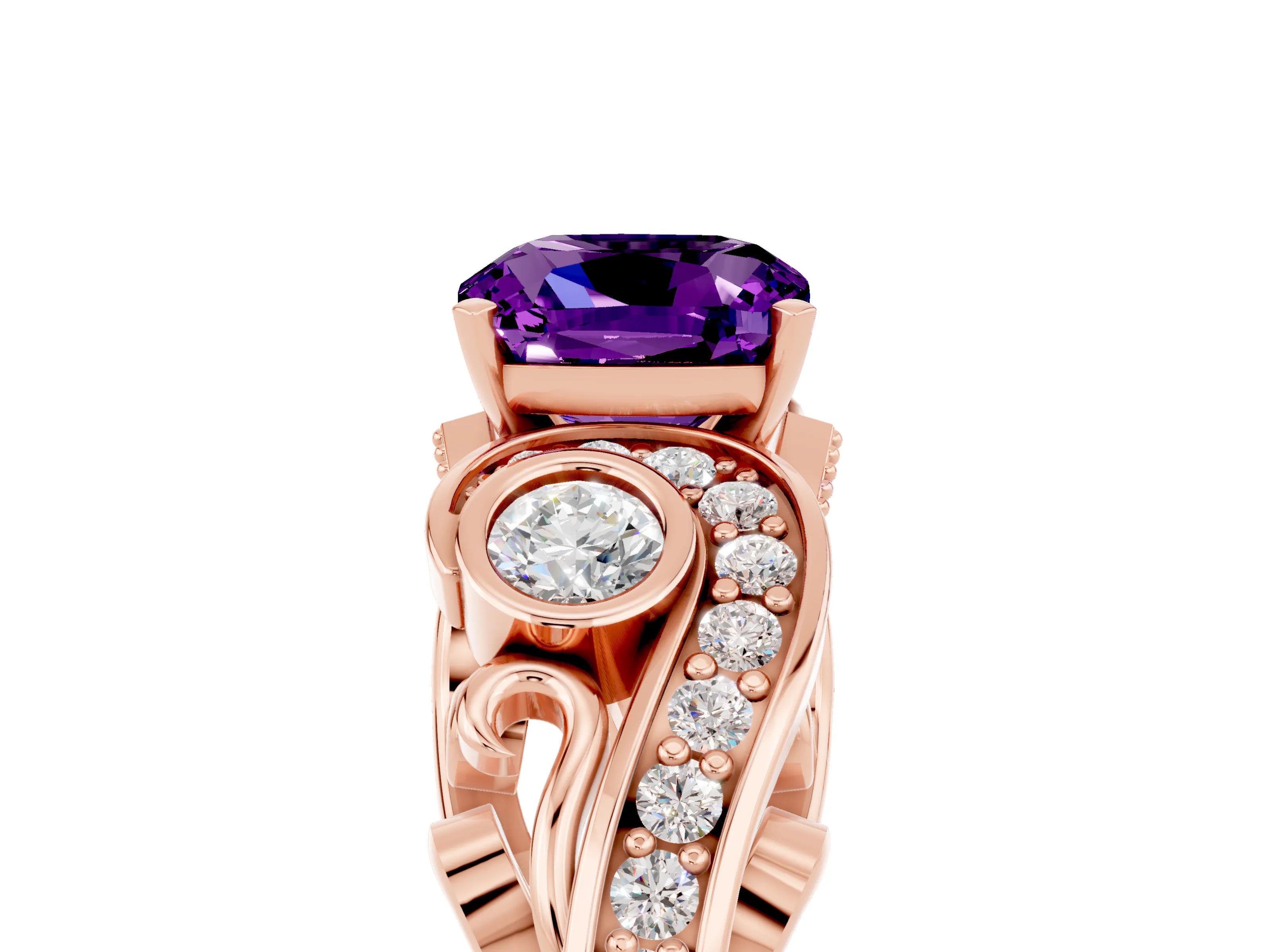 Rose gold Cushion Cut Amethyst Solitaire Ring with Milgrain Pavé Band and Four-Prong Setting_29