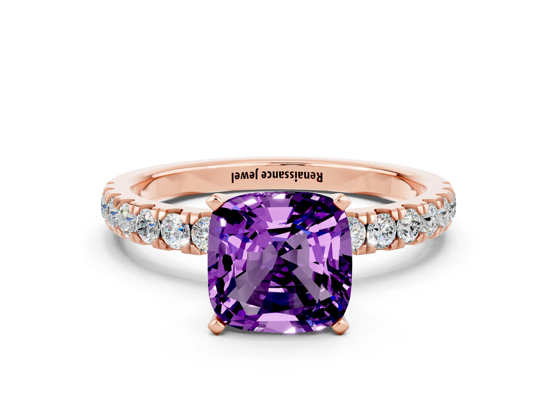 Rose gold Cushion Cut Amethyst Solitaire Ring with Pavé Accents and Four-Prong Setting