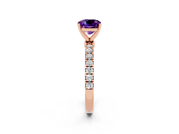 Rose gold Cushion Cut Amethyst Solitaire Ring with Pavé Accents and Four-Prong Setting