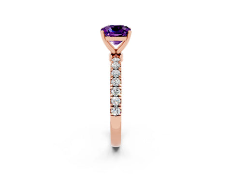 Rose gold Cushion Cut Amethyst Solitaire Ring with Pavé Accents and Four-Prong Setting_2
