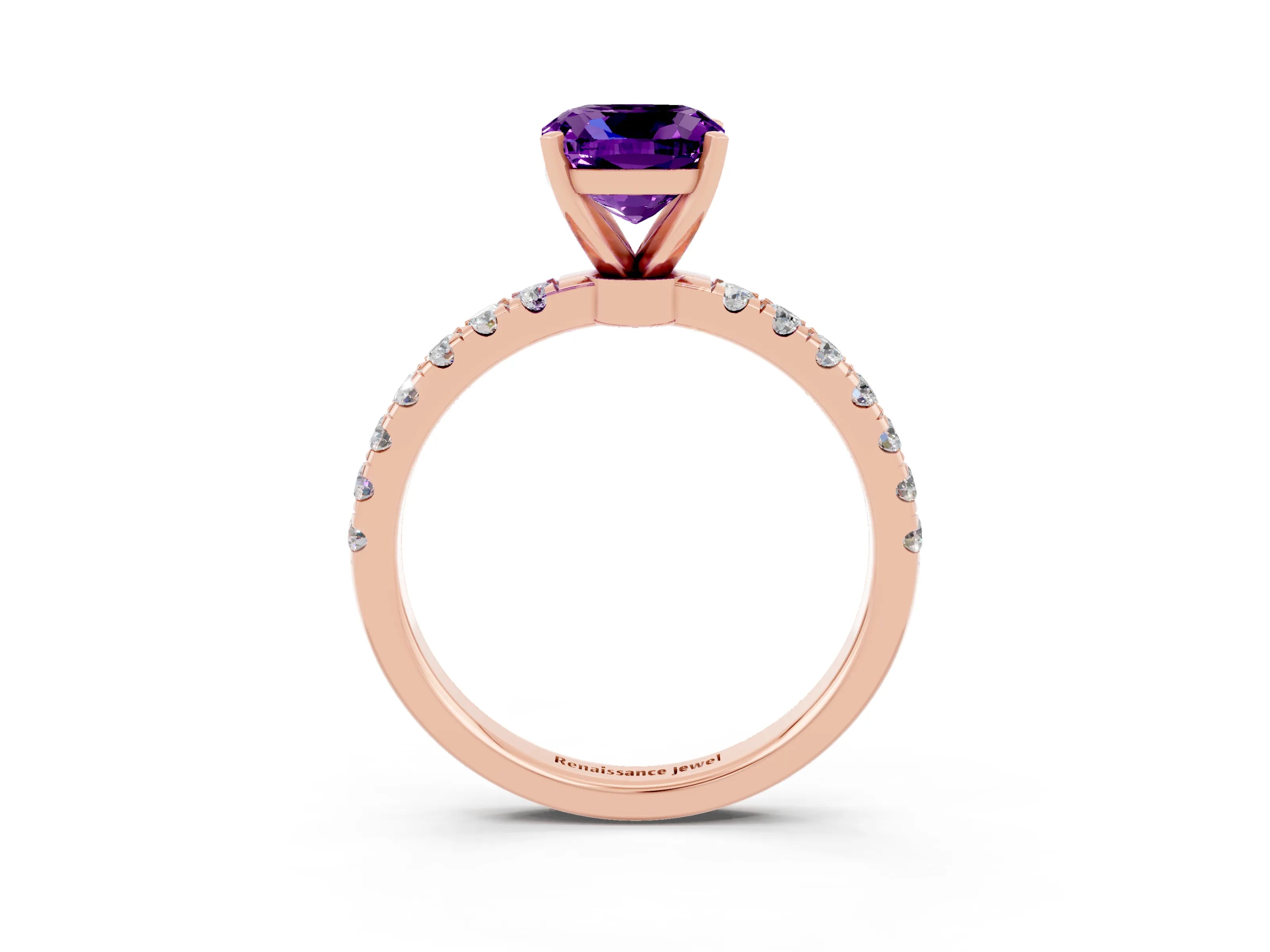 Rose gold Cushion Cut Amethyst Solitaire Ring with Pavé Accents and Four-Prong Setting_3