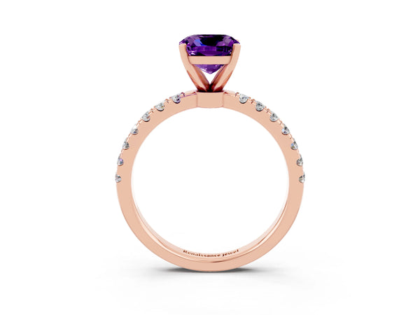 Rose gold Cushion Cut Amethyst Solitaire Ring with Pavé Accents and Four-Prong Setting