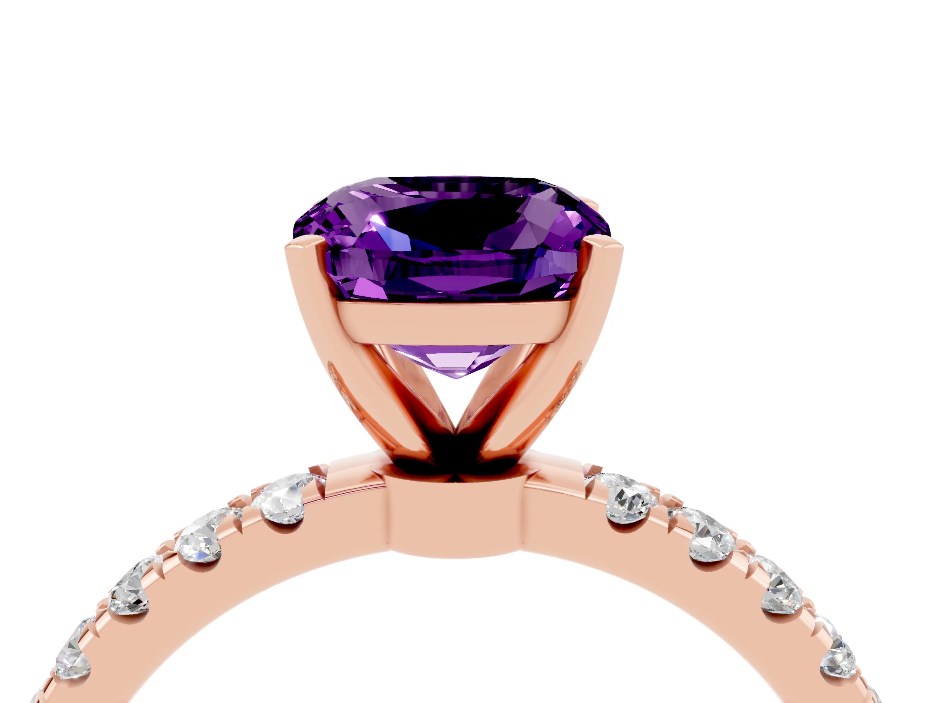 Rose gold Cushion Cut Amethyst Solitaire Ring with Pavé Accents and Four-Prong Setting_4