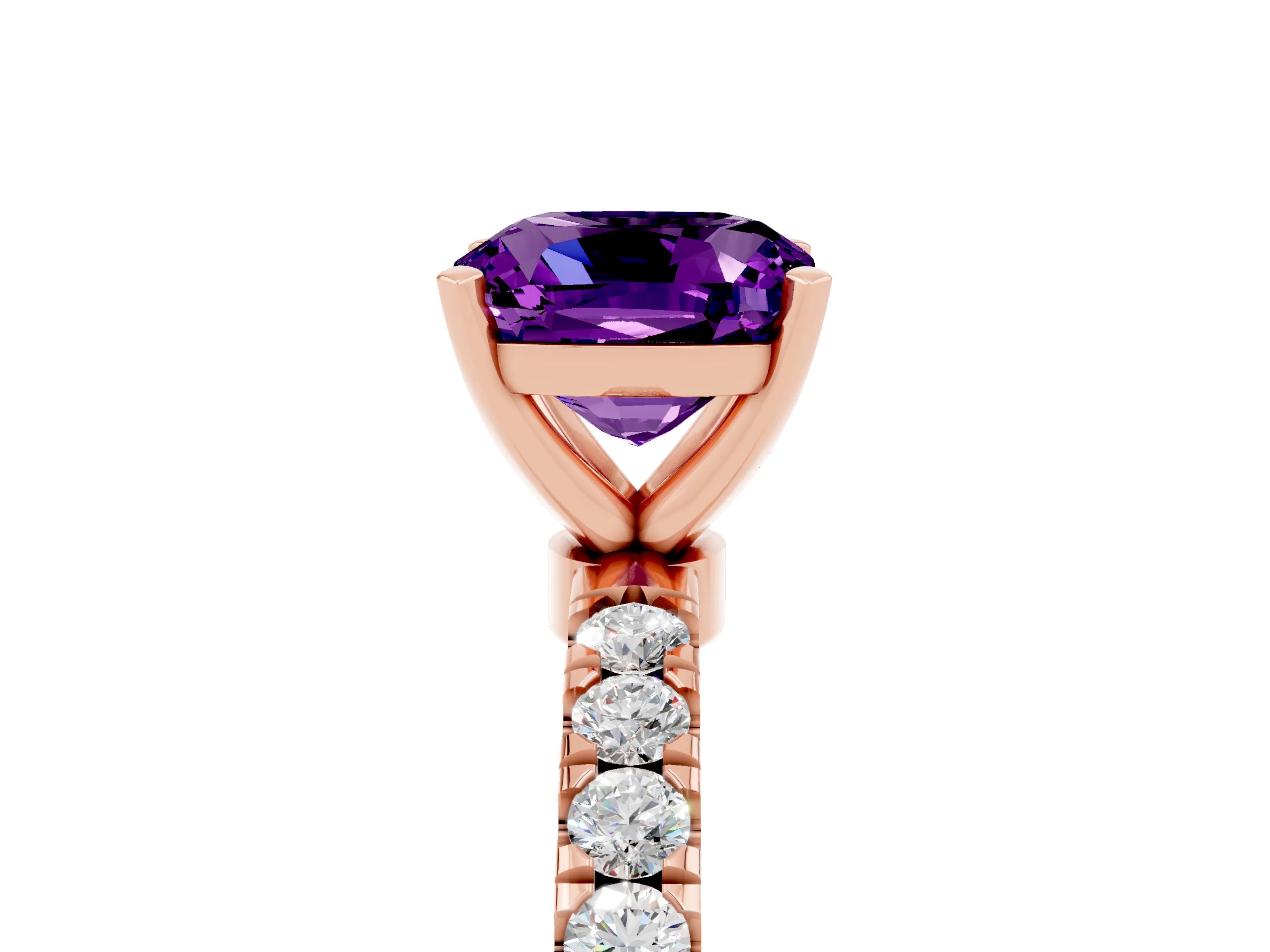 Rose gold Cushion Cut Amethyst Solitaire Ring with Pavé Accents and Four-Prong Setting_5