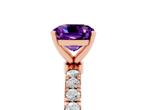 Rose gold Cushion Cut Amethyst Solitaire Ring with Pavé Accents and Four-Prong Setting_5