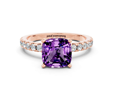 Rose gold Cushion Cut Amethyst Solitaire Ring with Pavé Band and Four-Prong Setting_24