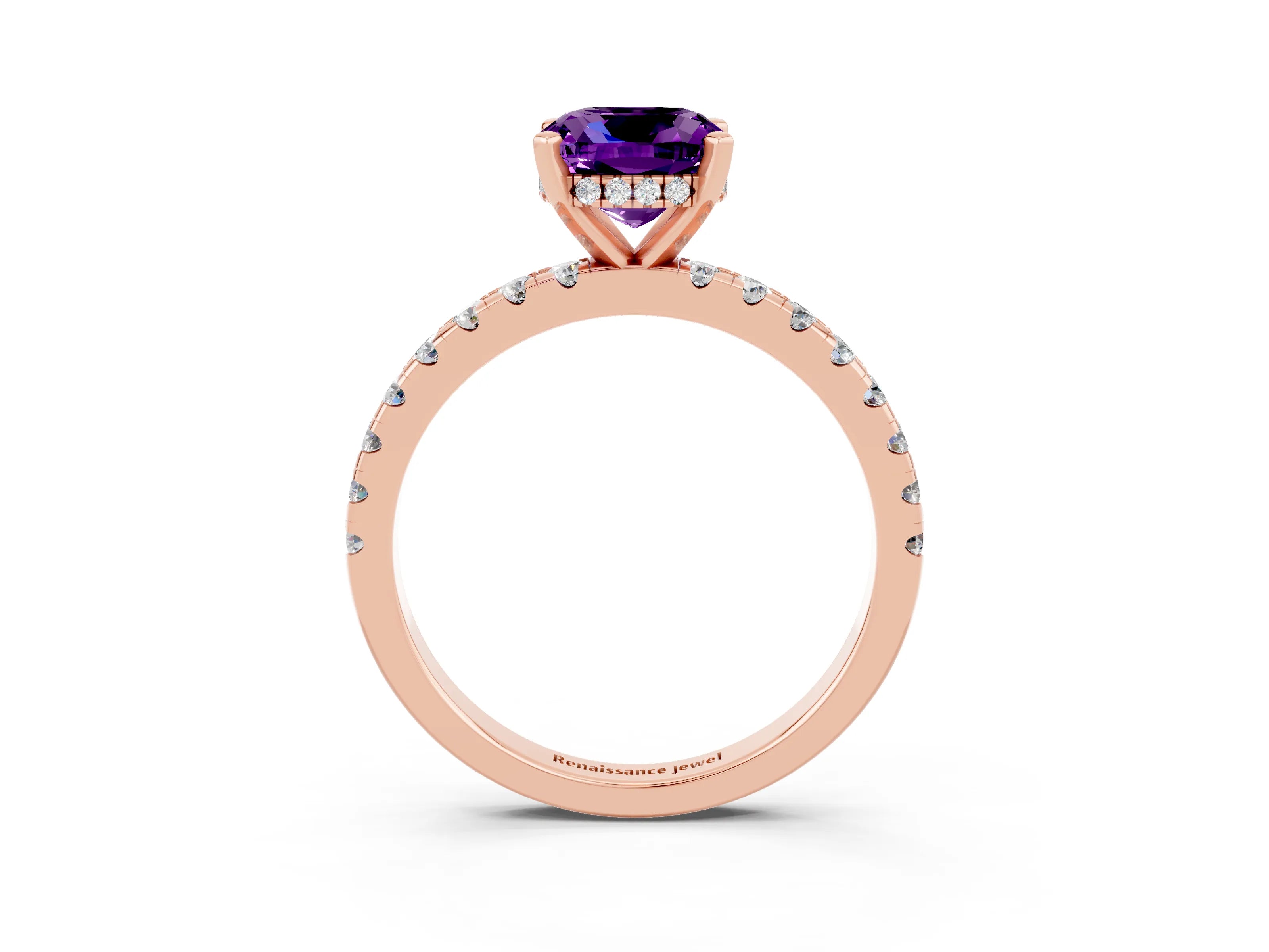 Rose gold Cushion Cut Amethyst Solitaire Ring with Pavé Band and Four-Prong Setting_27