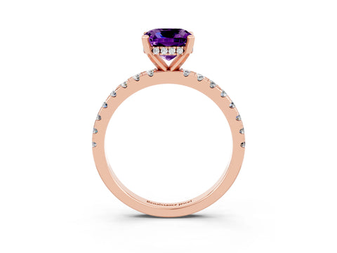 Rose gold Cushion Cut Amethyst Solitaire Ring with Pavé Band and Four-Prong Setting_27