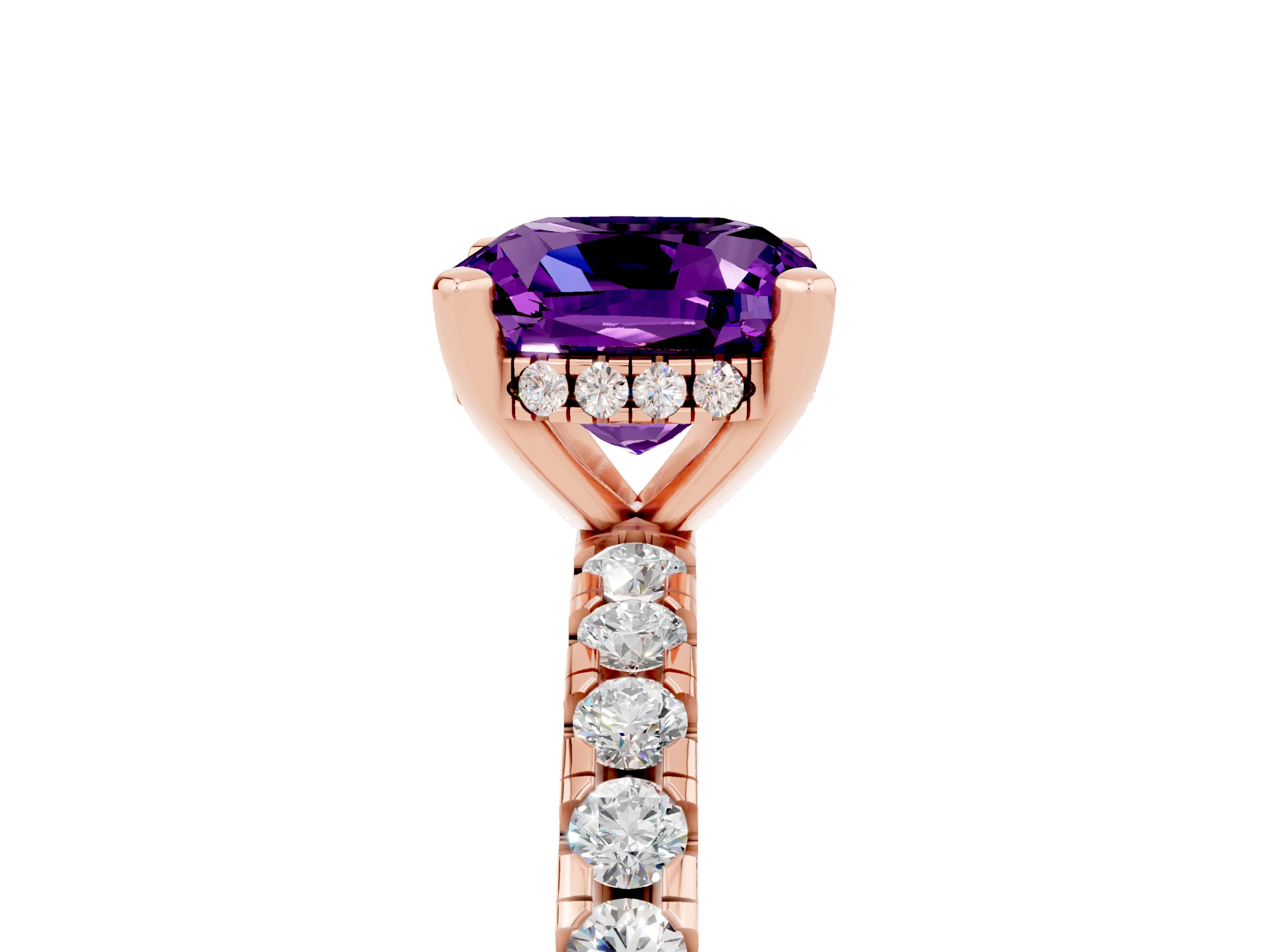 Rose gold Cushion Cut Amethyst Solitaire Ring with Pavé Band and Four-Prong Setting_29