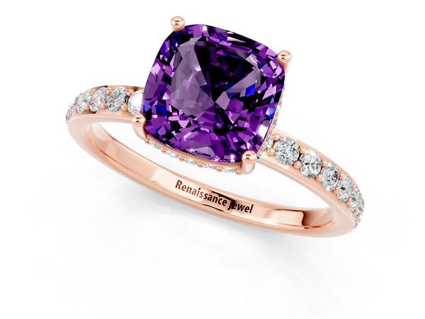 Rose gold Cushion Cut Amethyst Solitaire Ring with Pavé Band and Hidden Halo