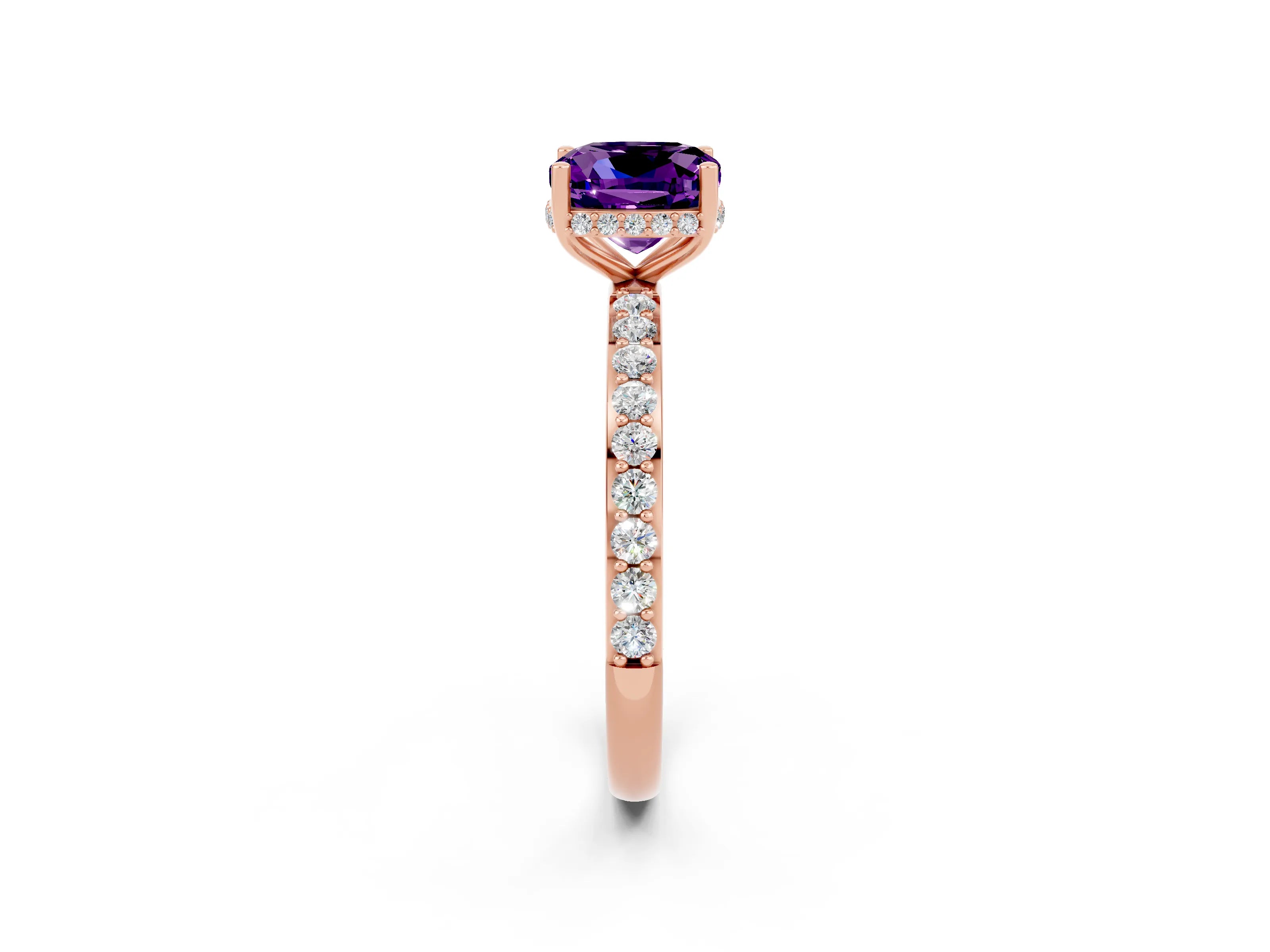 Rose gold Cushion Cut Amethyst Solitaire Ring with Pavé Band and Hidden Halo_14