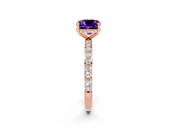 Rose gold Cushion Cut Amethyst Solitaire Ring with Pavé Band and Hidden Halo
