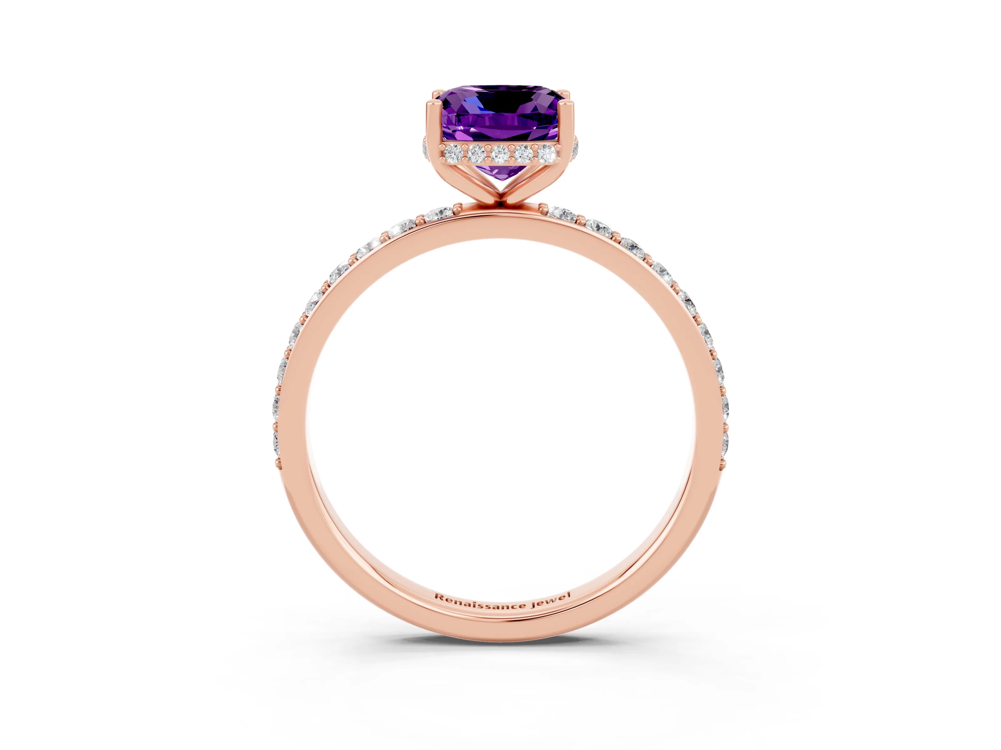 Rose gold Cushion Cut Amethyst Solitaire Ring with Pavé Band and Hidden Halo_15
