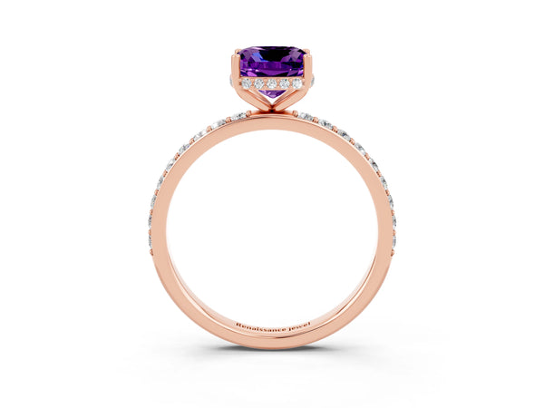 Rose gold Cushion Cut Amethyst Solitaire Ring with Pavé Band and Hidden Halo