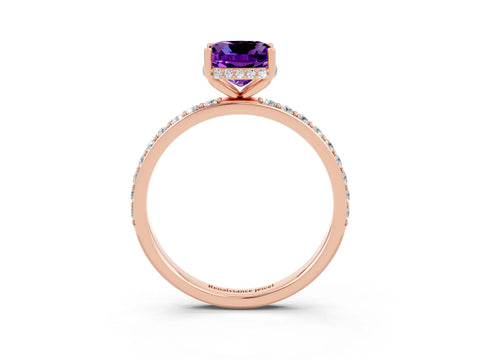 Rose gold Cushion Cut Amethyst Solitaire Ring with Pavé Band and Hidden Halo_15
