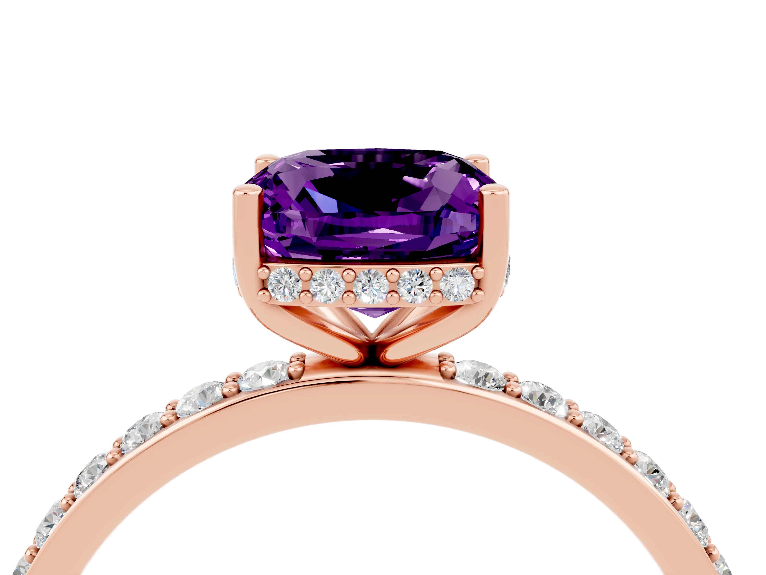 Rose gold Cushion Cut Amethyst Solitaire Ring with Pavé Band and Hidden Halo_16