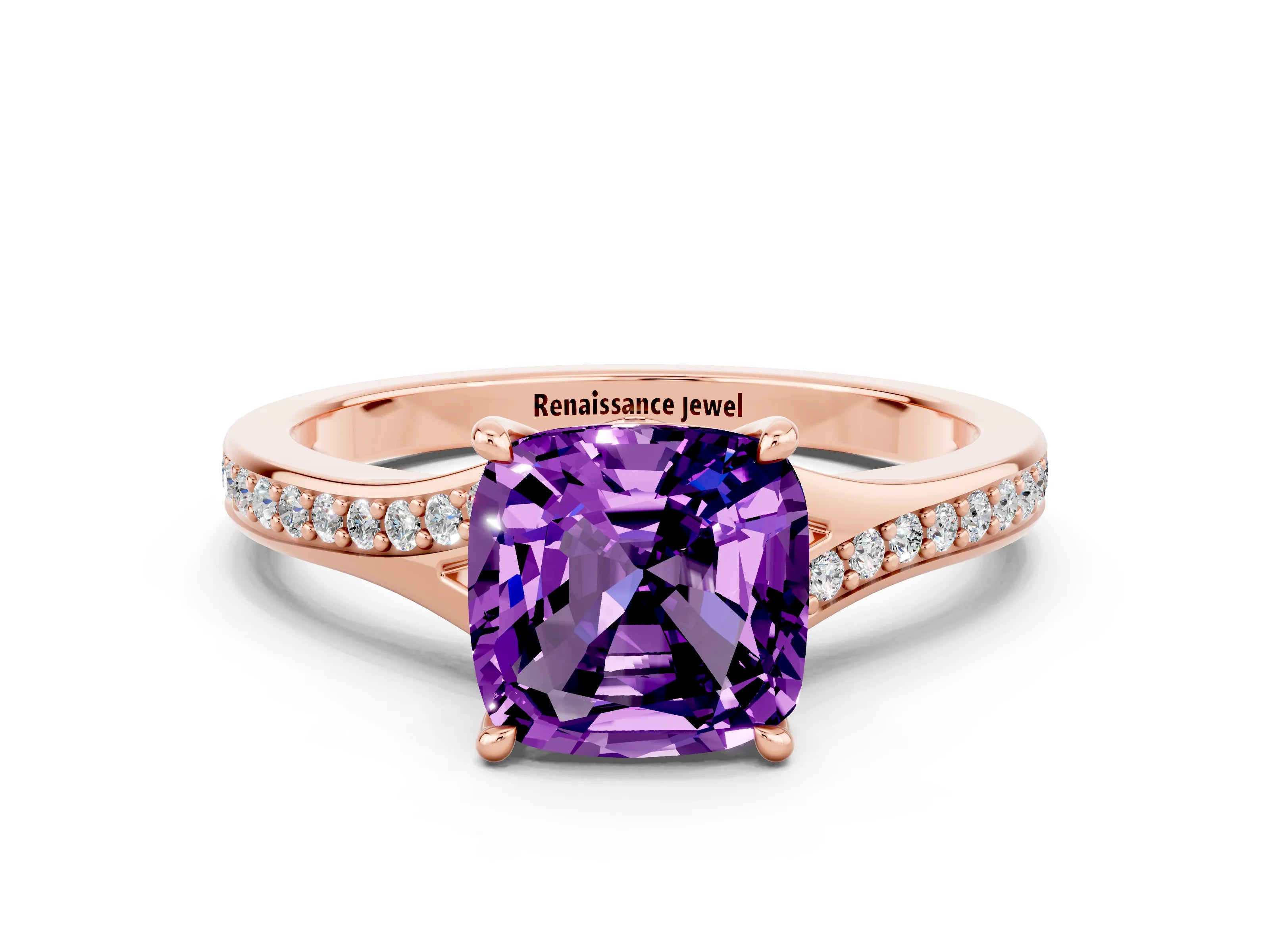 Rose gold Cushion Cut Amethyst Solitaire Ring with Pavé Band and Prong Setting