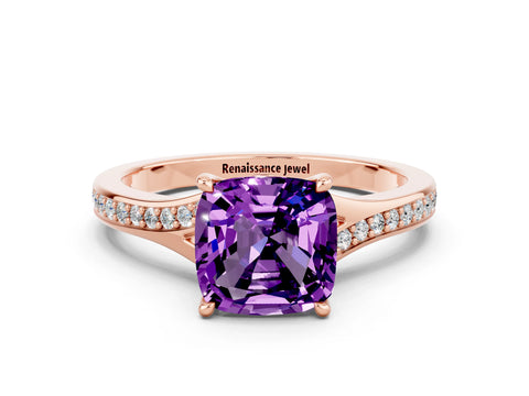 Rose gold Cushion Cut Amethyst Solitaire Ring with Pavé Band and Prong Setting_12