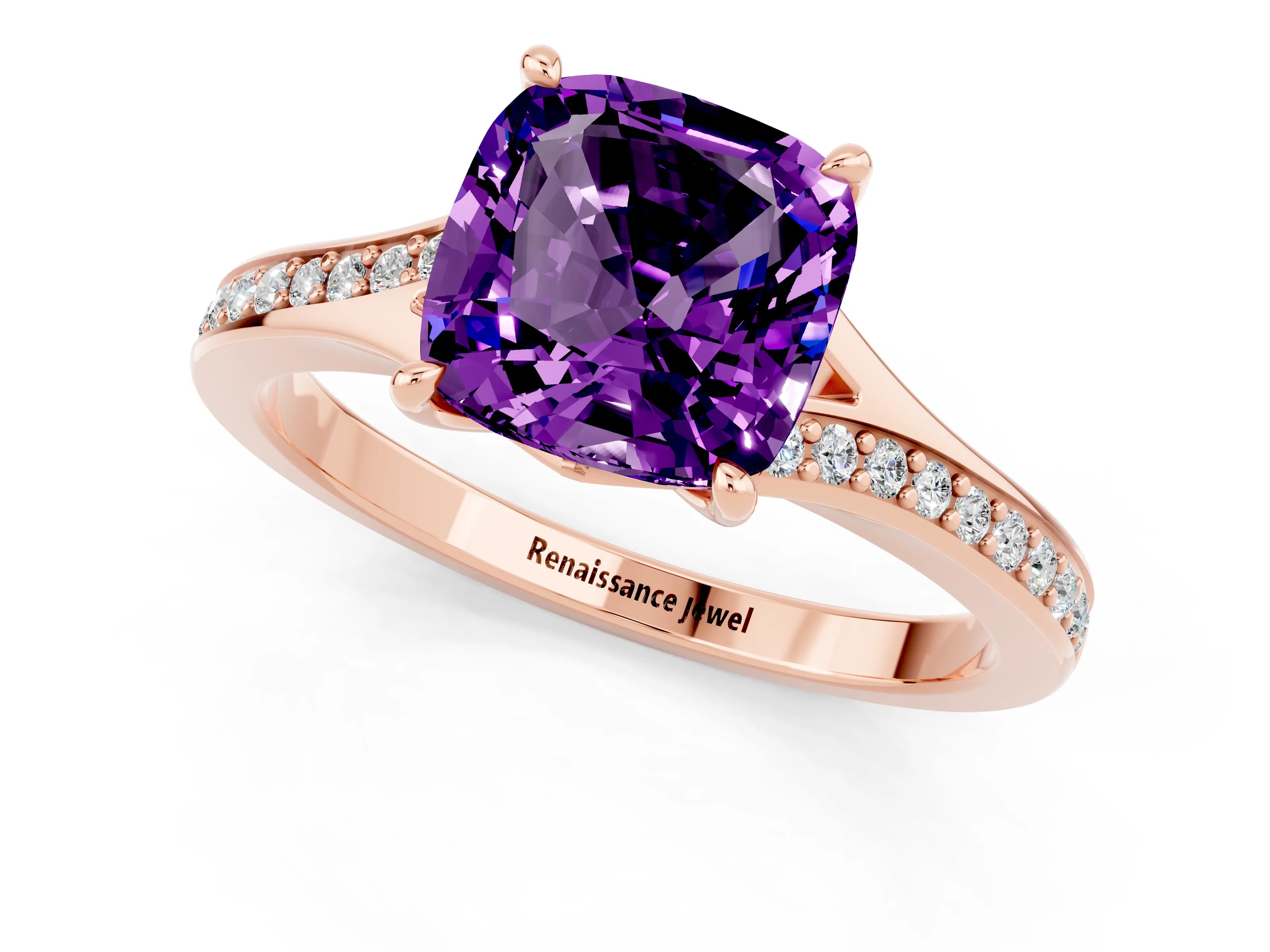 Rose gold Cushion Cut Amethyst Solitaire Ring with Pavé Band and Prong Setting_13