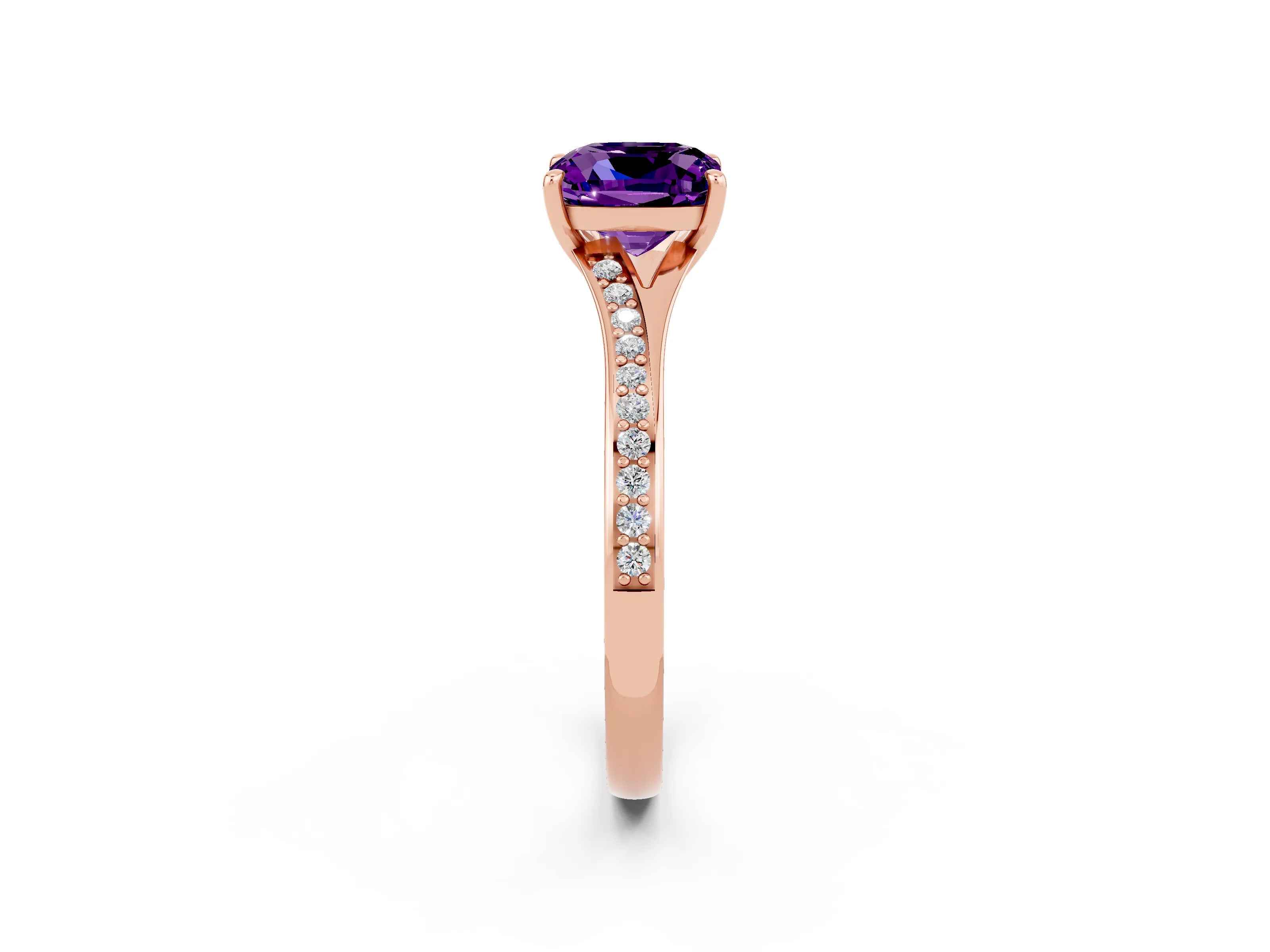 Rose gold Cushion Cut Amethyst Solitaire Ring with Pavé Band and Prong Setting_14