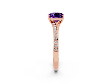 Rose gold Cushion Cut Amethyst Solitaire Ring with Pavé Band and Prong Setting_14