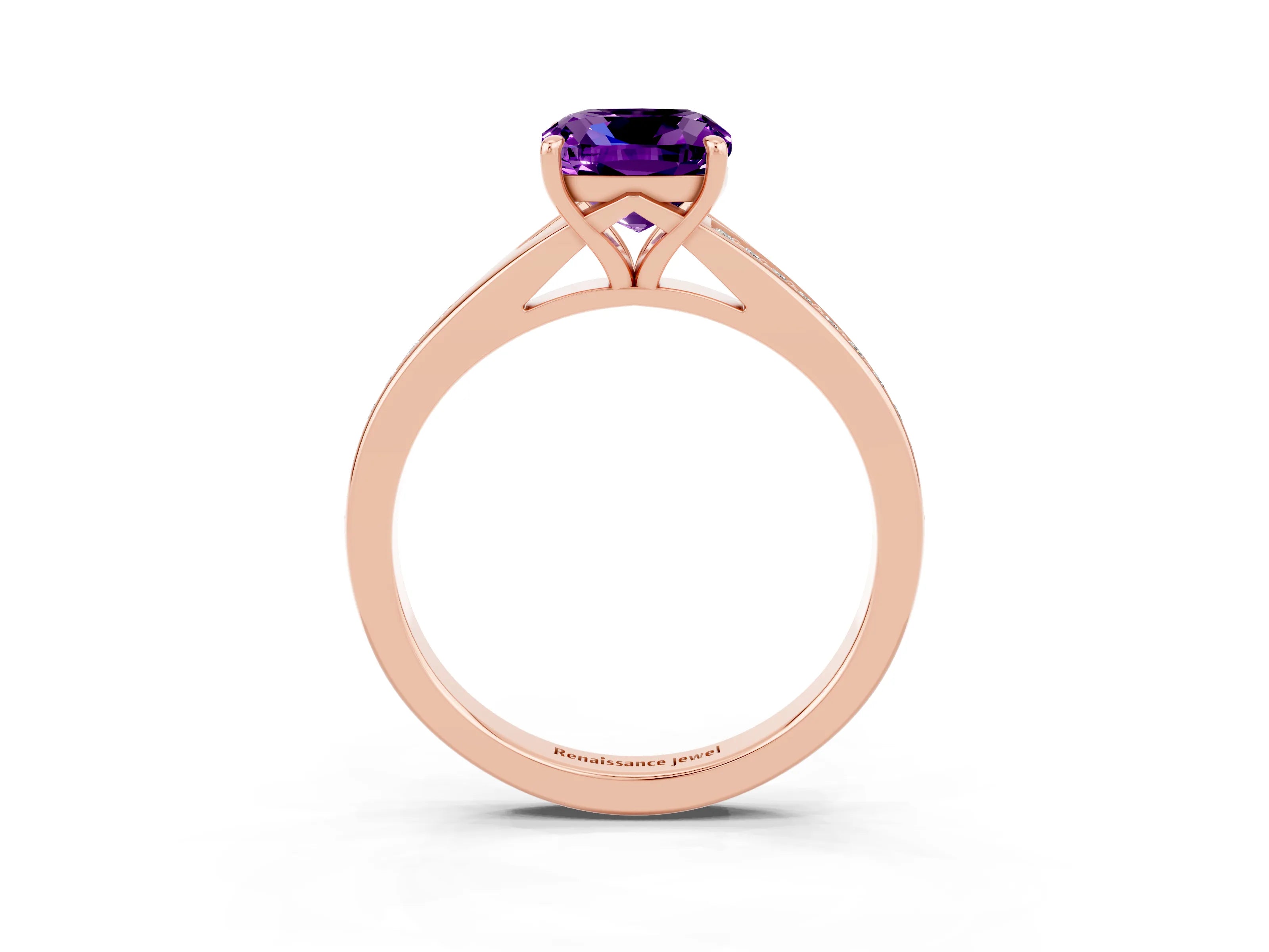 Rose gold Cushion Cut Amethyst Solitaire Ring with Pavé Band and Prong Setting_15