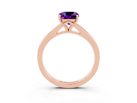 Rose gold Cushion Cut Amethyst Solitaire Ring with Pavé Band and Prong Setting_15