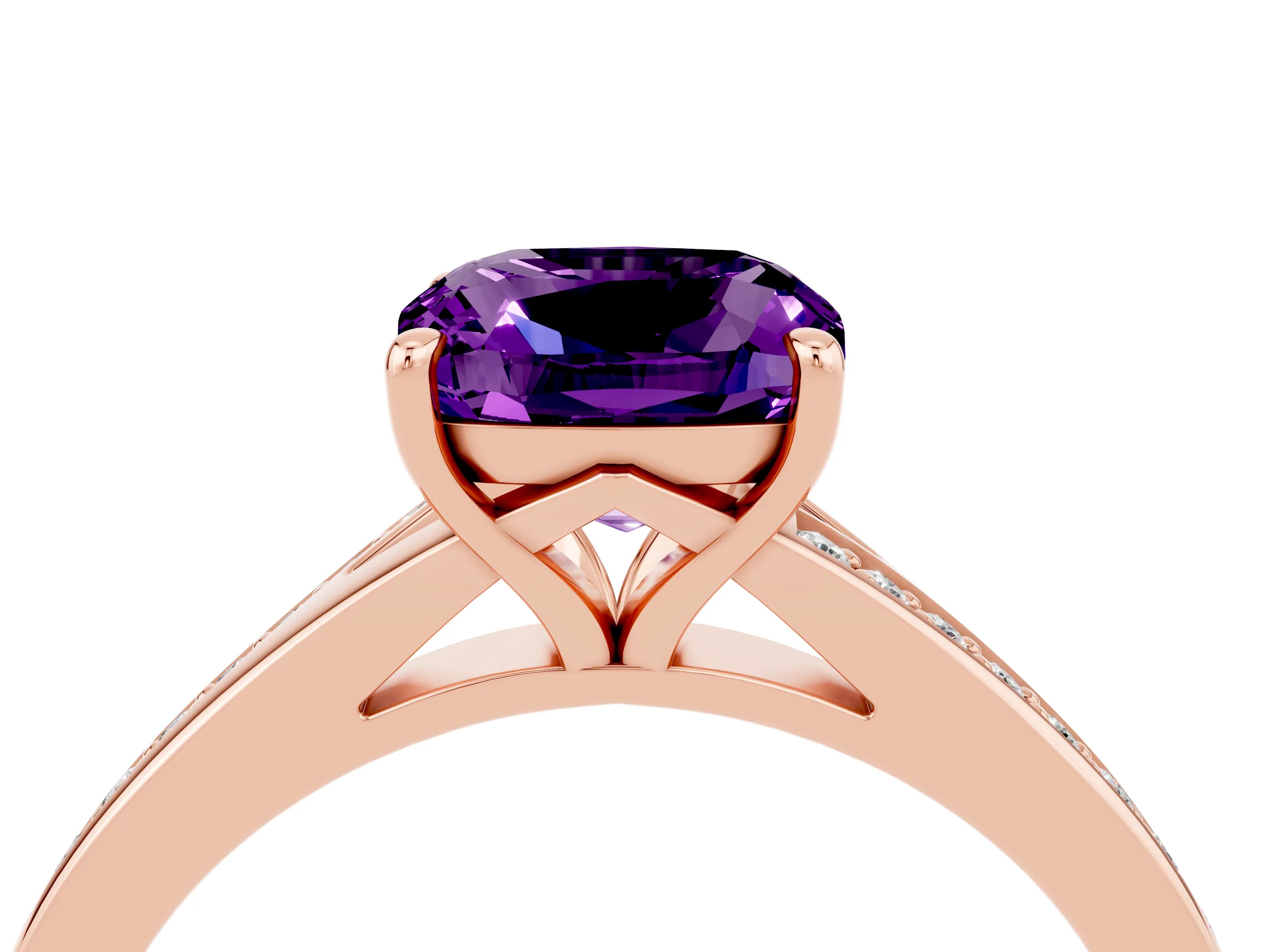 Rose gold Cushion Cut Amethyst Solitaire Ring with Pavé Band and Prong Setting_16