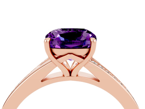 Rose gold Cushion Cut Amethyst Solitaire Ring with Pavé Band and Prong Setting_16