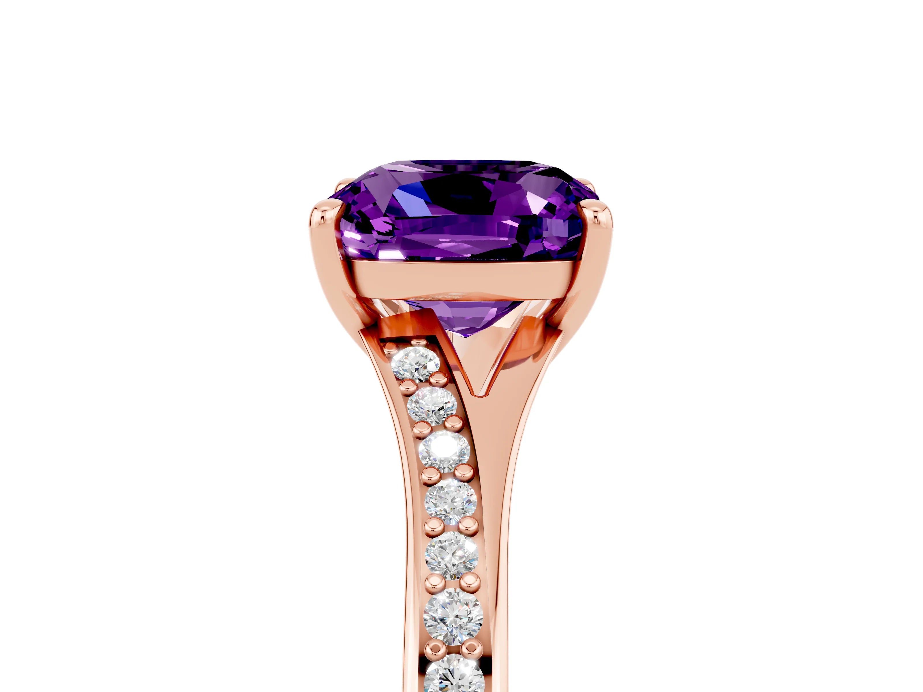 Rose gold Cushion Cut Amethyst Solitaire Ring with Pavé Band and Prong Setting_17