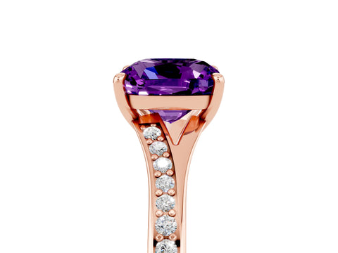 Rose gold Cushion Cut Amethyst Solitaire Ring with Pavé Band and Prong Setting_17